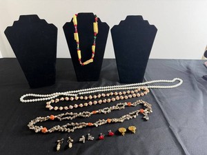 VTG Costume Jewelry - Shell Necklaces, Faux Pearl Strand & Clip Earrings Mixed Lot
