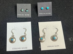 Sterling Silver Earrings - 4 Pairs Blue Stone Stud & Drop Earrings