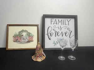Home Decor Mixed Lot - NYCO Musical Ornament, Needlepoint, Wine Glass Pair & Sign