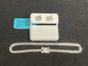 Sterling Silver Jewelry - Moissanite Stud Earrings w $699 retail tag & 925 Bracelet Mixed Lot
