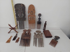 Group African Carved Wood Combs Figures Box Folk Art Decor Lot