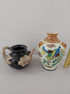Vintage Art Pottery Vase Group Bird Decor & Black Relief Vase