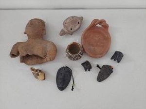 Group of Handmade Folk Art Pottery Masks Animal Figures Clay Bust