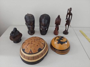 Group African Carved Wood Figures & Painted Calabash Bowls Decor