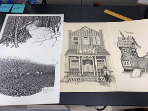 Group Signed Pen & Ink Art Prints Wildlife Western Folk Art