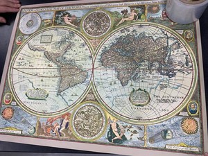 Coronet World Map Print After Antique Double Hemisphere Lithograph