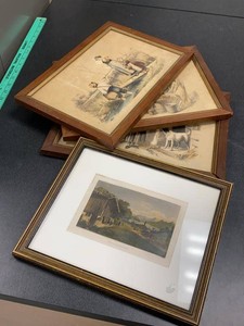 Set of 4 Antique Framed Genre & Landscape Prints in Wood Frames