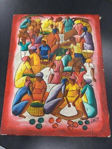 Signed Haitian Folk Art Market Scene Painting on Canvas Approx 15x12