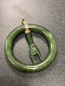Unmarked Green Stone Circle Pendant Carved Hand Gold Tone Bail