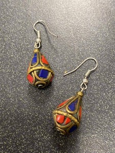 Pair Tibetan Style Mosaic Inlay Teardrop Dangle Earrings Brass Tone