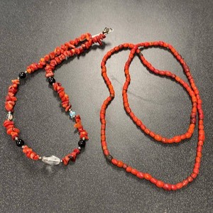Pair of Red Beaded Necklaces Coral Style Chip & Barrel Beads