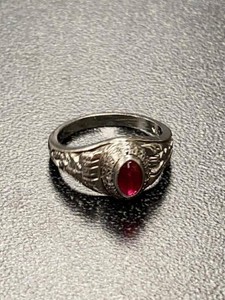 Vintage LTM Red Cabochon Ring Engraved Tommy Ann Nelson Size 5.25