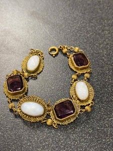 Vintage Gold Tone Purple & White Glass Panel Bracelet Filigree
