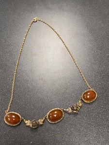 Vintage Art Nouveau Style Floral Necklace Orange Glass Cabochons