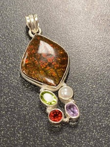 Sterling Silver Ammolite Gemstone Pendant w Peridot Pearl Garnet Amethyst