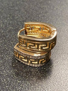 Pair of Greek Key Two-Tone Hinged Hoop Earrings Rhinestone Accents
