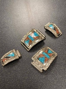 Vintage Southwestern Inlay Bracelet Links Turquoise Coral Silver Tone