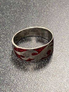 Unmarked Silver Tone Band Ring Red Flame Inlay Size Approx 10.5