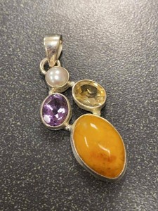 Sterling Silver Multi Gemstone Pendant Amber Amethyst Pearl Citrine