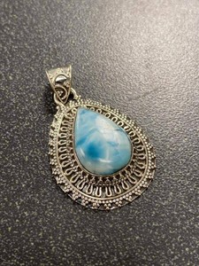 Sterling Silver Larimar Teardrop Pendant Ornate Openwork Setting