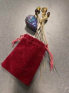 Group of Vintage Hat Pins Stick Pins Mixed Designs w Velvet Pouch