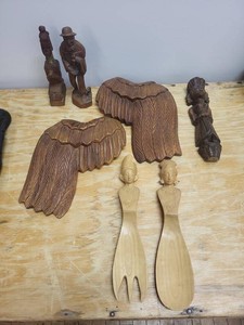 Hand Carved Wood Folk Art Decor Lot Wings Figures Salad Servers