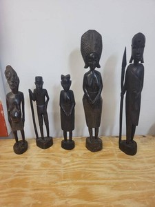 Set of 5 Hand Carved African Wood Figural Sculptures Kenya