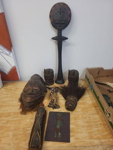 African Carved Wood Masks Figures Ghana Handcrafted Decor Group