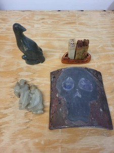 Lot of Asian Stone Carvings, Seal Set & Folk Art Skull Plaque