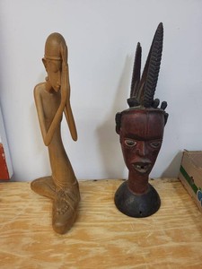 African Style Carved Wood Sculptures Kneeling Figure & Mask Bust