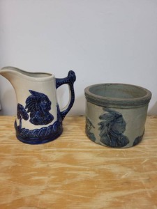 Vintage Native American Motif Art Pottery Pitcher & Crock Planter