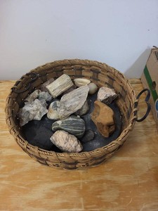 Woven Basket of Assorted Rocks Minerals Shell Specimens Decor
