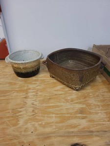 Studio Pottery Planter Bowl Set Drip Glaze & Footed Brown Art Pottery