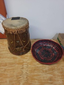 Folk Art Decorative Hand Drum & Red Black Painted Bowl Set