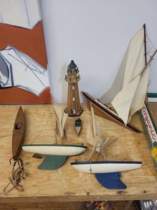 Lot of Assorted Wooden Nautical Model Boats & Lighthouse Decor