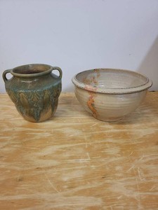 Studio Pottery Bowl and Two-Handle Vase Signed Stoneware Art Pottery