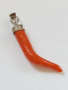 Sterling Silver Red Coral Italian Horn Pendant