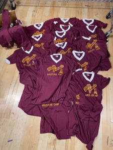 U of M Gophers Wally Johnsons Wrestling Camp T-Shirt Group Maroon V-Neck Various Sizes