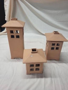 Set of 3 Terracotta Style Ceramic Candle Lanterns Patio Decor