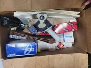Box Lot of Assorted Office Supplies Clipboard Folders Tape Dispenser