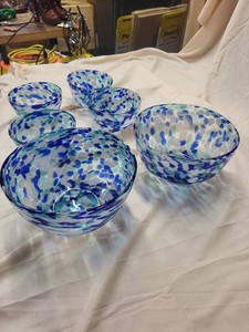 Set of 6 Blue White Aqua Art Glass Confetti Bowls Hand Blown