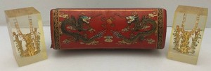 Very Old Lucite Chinese Themed Book Ends In Oriental Style Box
