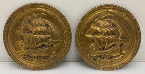 Two 8 MCM Embossed Nautical Themed Brass Wall Hanging Plates