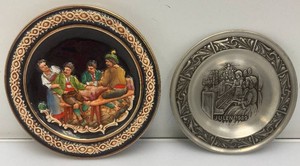 Mid Century Western Germany Hand Painted Stoneware Wall Plate With Pub Scene 8 78 & 1984 Astri Holthe Norway JULEN Pewter Wall Plate With Foil Tag