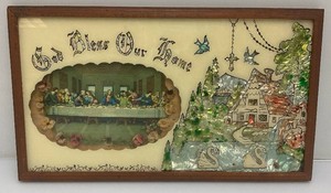 Vintage 1930s-40s God Bless Our Home Last Super Foil Art Piece Framed Behind Glass 13 14 x 23 14