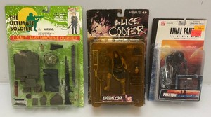 Misc. Collectible Action Figures Including Alice Cooper (Bubble Yellowed, Final Fantasy And The Ultimate Soldier New Old Stock
