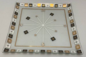 Vintage Mid Century Modern 1950s Inlaid Black, Gold And White Starburst Atomic Clock Glass Serving Tray 13.5 x 13.5