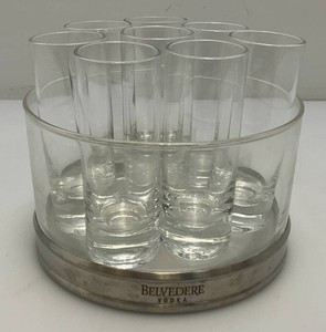 RARE Belvedere French Vodka Shot Glasses And Steel And Glass Ice Bucket Set