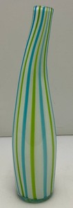 Vintage 1970s Cased Hand Blown Streched Glass Vase 13.75 Green,Blue And White