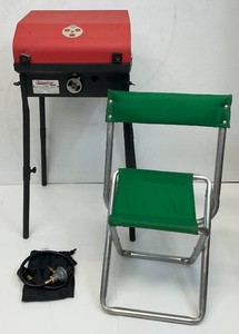 Portable Propane Gas Camping Grill And Fold Up Vintage Aluminum Chair